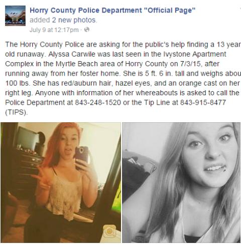 A prime example of how law enforcement uses Facebook to locate missing people. (Courtesy: Horry County Police/Facebook)